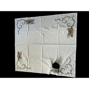 Embroidered Tea Cup Table‎ Runner Linen Vintage Handmade Floral Home Decor